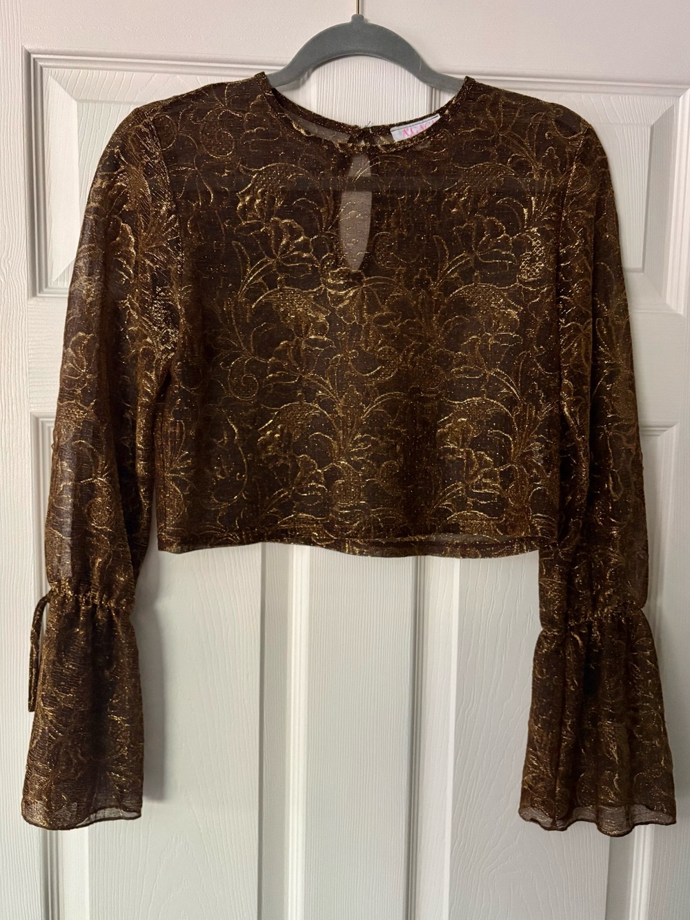 a'gaci Brown Metallic Floral Lace Crop Top